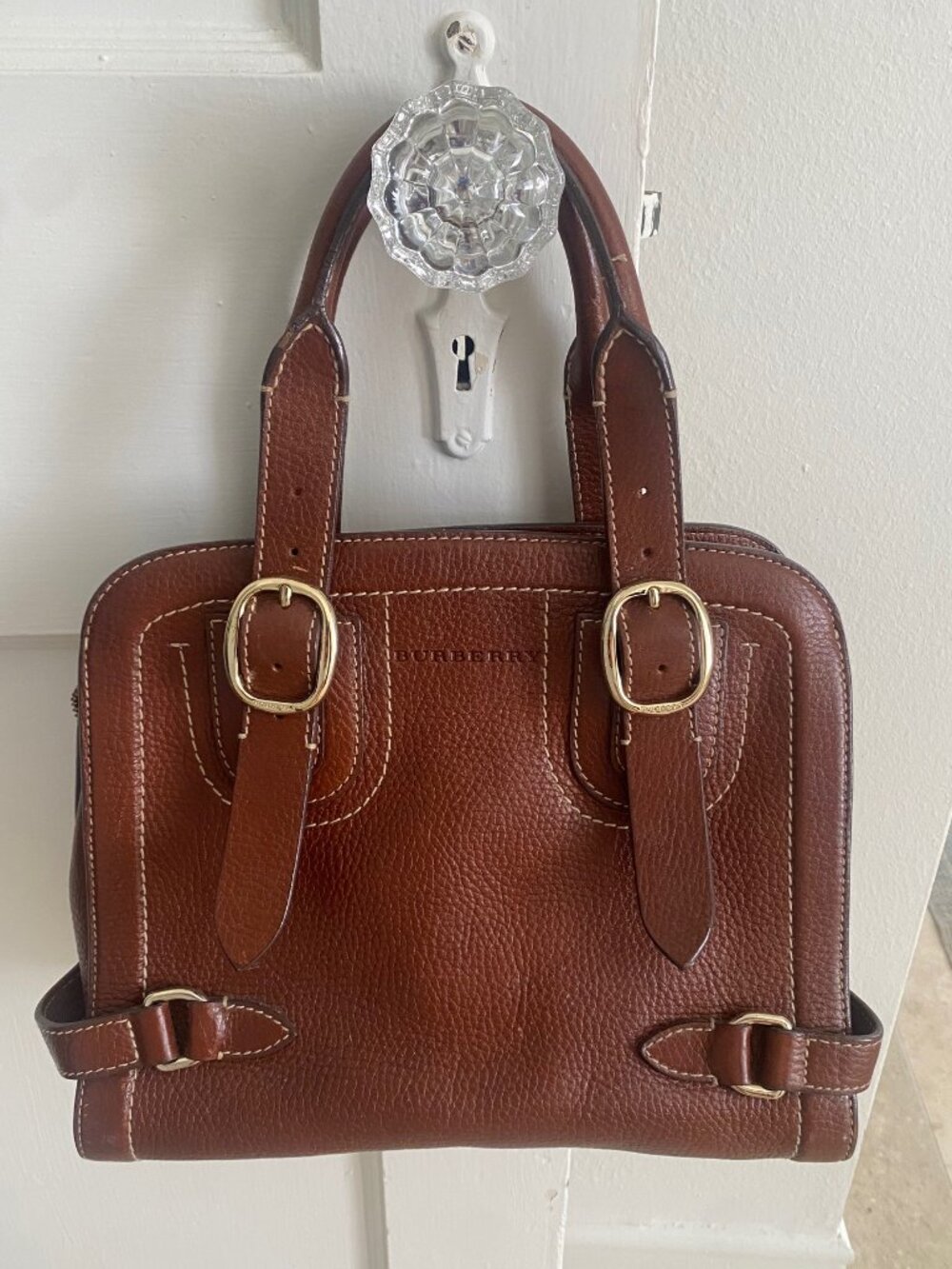 Burberry Vintage Brown Pebled Leather Satchel Bowler Bag House Check
